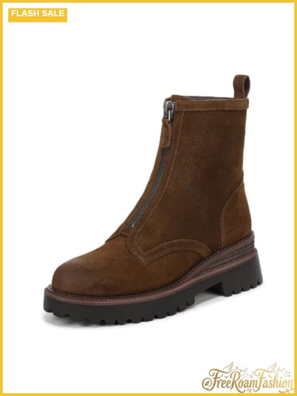Suede Combat Ankle Boot with Zipper Closure Round Toe Wedge Heel